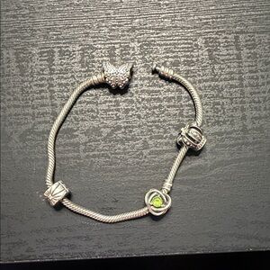Pandora Silver Charm Bracelet with Green Gem Accent